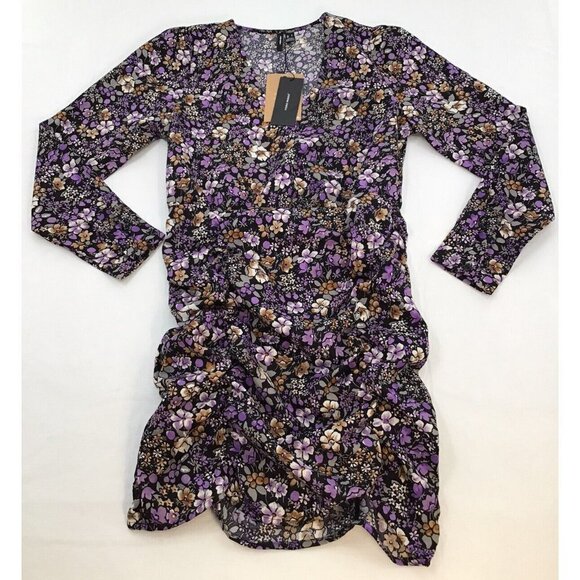 VERA MODE Womens Size Small Floral Black Purple Long Sleeve Mini Dress - Picture 1 of 6